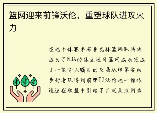 篮网迎来前锋沃伦，重塑球队进攻火力